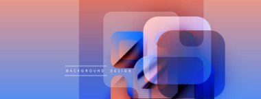 Soyut geometrik şekiller örtüşür, canlı bir gradyan arkaplan oluşturur. Mavi, pembe, turuncu renkler düzgün bir şekilde harmanlanır. Modern tasarım ögesi.