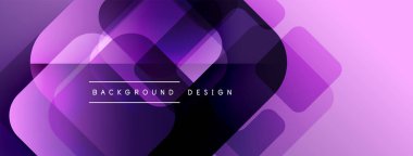 Soyut geometrik şekiller örtüşür, canlı mor gradyan arkaplan oluşturur. Modern tasarım elementleri teknoloji ve yenilik öneriyor.