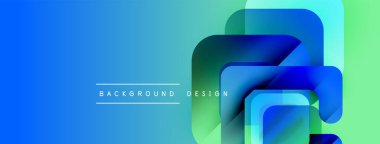 Soyut geometrik şekiller örtüşerek canlı mavi-yeşil gradyan arkaplan oluşturur. Metin, arkaplan tasarımını merkezden okur.