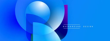 Soyut mavi tasarım, üst üste binen daireler, gradyanlar. Modern estetik, canlı renkler, basit metin elementleri.