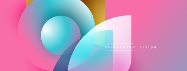 Soyut şekiller örtüşüyor, canlı gradyanlar yaratıyor. Pembe arka plana hükmediyor, mavi ve mor renklerle tamamlanıyor. Modern tasarım ögesi.