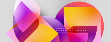 Soyut şekiller örtüşüyor, canlı gradyanlar yaratıyor. Renkler harmanlanmış mor, turuncu, sarı, açık gri fon. Modern tasarım ögesi.