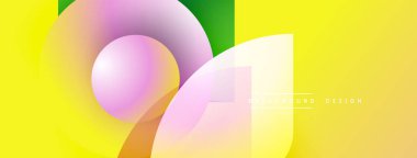 Soyut geometrik şekiller çakışıyor. Canlı sarı, yeşil, turuncu, pembe renkler modern tasarım yaratır. Yumuşak eğimler derinliği, akıcılığı gösterir..