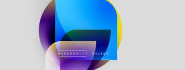 Soyut şekiller örtüşüyor, canlı renk değişimleri yaratıyor. Modern tasarım ögeleri arkaplan kullanımını önerir, basit metin içerir.