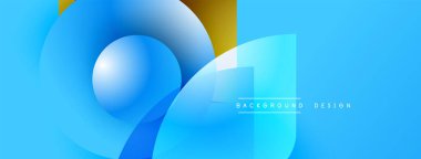 Soyut mavi tasarım, üst üste binen daireler, kareler. Gradyan gölgeler derinlik yaratır, modern estetik. Metin arkaplan tasarımı okur.