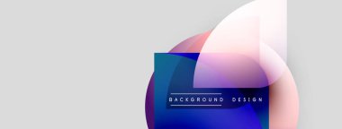 Soyut şekiller örtüşür, canlı bir zemin oluşturur. Modern tasarım gradyanlar, kareler, daireler, metin elementleri içerir. Temiz estetik.