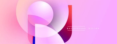 Soyut şekiller örtüşüyor, canlı gradyanlar yaratıyor. Pembe, mor, mavi renkler kompozisyona hakim. Modern tasarım ögesi.