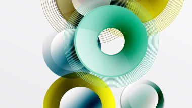 Soyut geometrik şekiller çakışıyor. Daireler, çizgiler dinamik bileşim yaratır. Teal, sarı, beyaz görsel alana hakim. Modern tasarım elemanları.