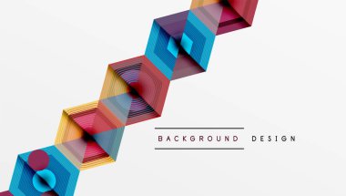 Soyut geometrik şekiller dinamik görsel akış yaratır. Renkli çizgiler, kareler, desenler modern tasarım elementlerini gösteriyor.