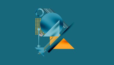 Soyut geometrik bileşim. Şekiller örtüşüyor, dinamik görsel ilgi yaratıyor. Mavi, turuncu renkler tasarımda baskın. Minimalist stil.