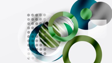 Soyut tasarım özellikleri üst üste binen daireler, çizgiler, noktalar. Modern kompozisyonda yeşil, gri, deniz mavisi renkleri kullanılır. Temiz, minimalist estetik.