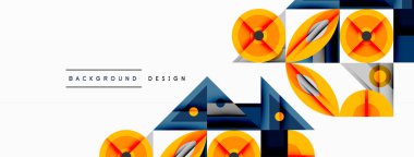 Soyut geometrik şekiller, canlı renkler, modern tasarım elementleri. Turuncu, mavi, gri tonlar dinamik kompozisyon oluşturur. Temiz çizgiler, basit formlar..