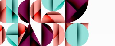 Soyut geometrik bileşim. Çemberler, yarı daireler, üçgenler üst üste binerek modern görsel desenler oluşturuyorlar. Renkler arasında deniz mavisi, kestane rengi, şeftali, siyah.