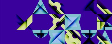 Soyut geometrik bileşim. Şekiller çakışıyor, dinamik görsel etki yaratıyor. Mor arkaplan baskın, blues, yeşiller, sarılar aksanlı.