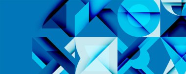 Soyut geometrik şekiller, değişik tonlar mavi, dinamik kompozisyon oluşturur. Modern tasarım, temiz çizgiler, görsel doku.