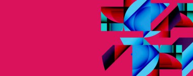Soyut geometrik şekiller, canlı renkler. Pembe sol tarafa hakim, mavi, kırmızı kontrast sağ tarafa. Modern tasarım, dijital sanat.