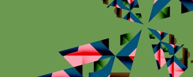 Soyut geometrik şekiller görüntüye hükmediyor. Yeşil arkaplan, pembe ve mavi parçalarla çelişiyor. Modern tasarım, keskin açılar.