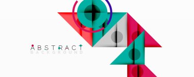 Modern soyut tasarım geometrik şekiller, canlı renkler, üst üste binen elementler içerir. Temiz beyaz arkaplan görsel etkiyi artırır.