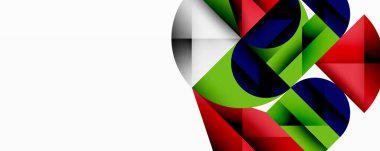 Soyut geometrik şekiller örtüşür, canlı renk zıtlıkları yaratır. Bileşik özellikler daireler, üçgenler, dikdörtgenler, beyaz boşluk.