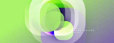 Soyut geometrik şekiller çakışıyor. Yeşil, mor renkler modern arka plan yaratır. Yumuşak eğimler derinlik ve dinamizmi işaret eder..