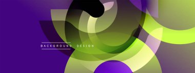 Soyut tasarım özellikleri üst üste binen daireler, gradyanlar. Mor, sarı, yeşil renkler dinamik görsel efekt yaratır. Modern arkaplan dokusu.