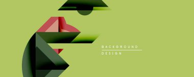 Soyut geometrik bileşim. Şekiller çakışıyor, dinamik görsel etki yaratıyor. Yeşil arka plan kırmızı, siyah, zeytin renklerini tamamlar. Modern tasarım ögesi.