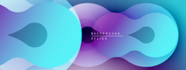 Soyut sıvı şekilleri kesişir. Canlı maviler, morlar modern tasarım yaratır. Yumuşak eğimler hareketi, derinliği gösterir. Minimalist estetik.