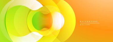 Soyut, enerjik katmanlar akıcı bir değişim etkisi yaratır. Dairesel şekiller turuncu, sarı ve yeşil renkleri harmanlıyor. Modern tasarım ögesi.