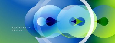 Soyut kompozisyon. Üst üste binen daireler dinamik görsel efekt yaratır. Mavi, yeşil renkler tasarıma hakim. Yumuşak gradyanlar modern estetik sunar.