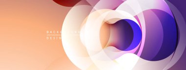 Soyut çemberler çakışıyor, canlı gradyanlar yaratıyor. Şeftali arkaplanı mor, mavi renkleri tamamlar. Modern tasarım ögesi.