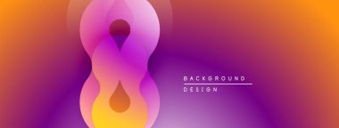 Soyut gradyan şekiller çakışıyor, dinamik görsel etki yaratıyor. Mor, pembe, turuncu renkler kompozisyona hakim. Modern tasarım ögesi.