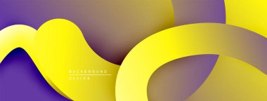 Soyut arkaplan mor gradyanlar üzerinde akan sarı şekiller içerir. Modern tasarım, düz eğriler dinamik görsel efekt yaratır.