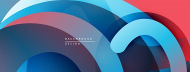 Soyut akışkan şekiller, canlı maviler, kırmızılar dinamik arkaplan oluşturur. Yumuşak eğimler hareketi, derinliği gösterir. Modern tasarım ögesi.