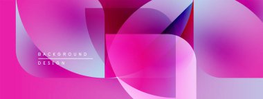 Soyut enerjik tasarım. Üst üste binen şekiller dinamik ve renkli bileşimler yaratır. Pembe, mor, mavi renkler görsel alana hakim..