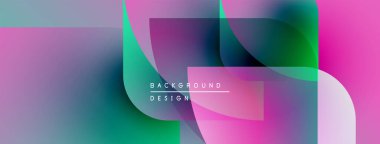 Soyut şekiller canlı pembeleri, morları, yeşillikleri harmanlıyor. Üst üste binen formlar dinamik görsel doku yaratır. Modern tasarım ögesi.