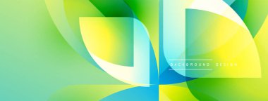 Soyut enerjik tasarım. Üst üste binen şekiller dinamik değişim etkisi yaratır. Yeşil, sarı, mavi renkler kompozisyona hakim. Modern estetik.
