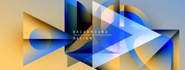 Soyut geometrik şekiller örtüşüyor, canlı renk eğimleri yaratıyor. Tasarım üçgenler, daireler, çizgiler, metin elemanları içerir. Modern estetik.