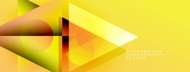Soyut geometrik tasarım. Sarı eğimler dinamik şekiller, üst üste binen daireler ve üçgenler yaratır. Sunumlar ve markalaşma için modern arkaplan.