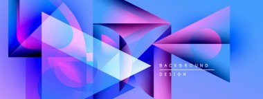 Soyut geometrik şekiller, canlı maviler, morlar dinamik arkaplan oluşturur. Modern tasarım, ince çizgiler, gradyan efektler.