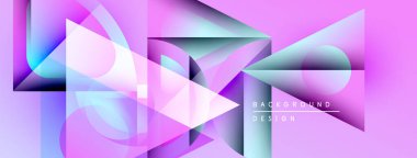 Soyut geometrik şekiller, canlı renkler, gradyanlar modern arkaplan tasarımı yaratır. Yumuşak pembeler, blues baskın kompozisyon.