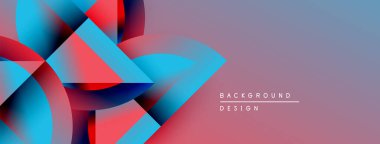 Soyut geometrik şekiller örtüşüyor, canlı kırmızı ve mavi renkler yaratıyor. Mor renkten pembe renge geçişler. Mevcut en küçük metin.