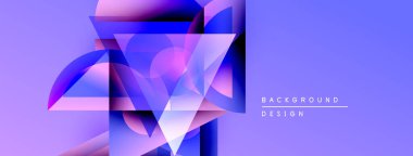 Soyut geometrik şekiller örtüşüyor, canlı mor ve mavi renkler yaratıyor. Modern tasarım teknoloji, yenilik, dijital sanat öneriyor.