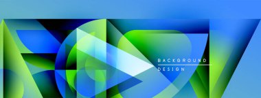 Soyut geometrik şekiller canlı mavileri, yeşillikleri harmanlarlar. Modern tasarım üst üste binen üçgenler, gradyanlar içerir. Metin arkaplan tasarımı okur.