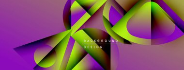 Soyut geometrik şekiller örtüşüyor, canlı mor ve yeşil renkler yaratıyor. Modern tasarım elementleri dinamik hareket, görsel enerji.