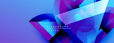 Soyut geometrik şekiller, canlı maviler, morlar dinamik arkaplan oluşturur. Modern tasarım elementleri yenilik ve teknoloji öneriyor.