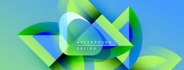 Soyut geometrik şekiller örtüşür, parlak mavi, yeşil eğimler yaratır. Metin arka plan tasarımı okur. Modern görsel kompozisyon.