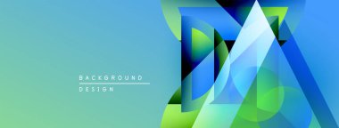 Soyut geometrik şekiller örtüşür, parlak mavi, yeşil eğimler yaratır. Arka plan modern tasarım, temiz estetik.