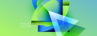 Soyut geometrik şekiller örtüşüyor, canlı yeşil, mavi renkler yaratıyor. Modern tasarım elementleri yenilik, enerji, akıcılık öneriyor.