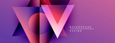 Soyut geometrik tasarım. Canlı mor, pembe eğimli katmanlı üçgenler, daire şeklinde. Sunumlar ve markalaşma için modern arkaplan.