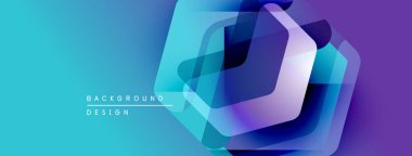 Soyut geometrik şekiller örtüşür, parlak mavi ve mor renkler yaratır. Modern tasarım elementleri teknoloji ve yenilik öneriyor. Temiz estetik.